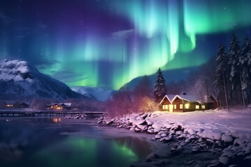 A quaint village blanketed in snow under the magnificent Northern Lights, with colorful auroras illuminating the cold, starry night sky and quaint houses.