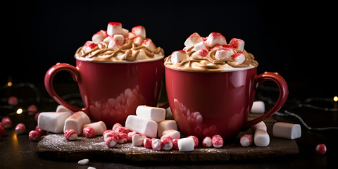 Hot chocolate with marshmallows in the red cups and christmas composition on the black background