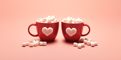 Two pink mugs in the heart shape on mug with marshmallows sprinkled from it against pink background - obrazy, fototapety, plakaty