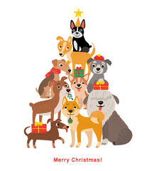 Christmas card with funny dogs in the form of a New Year tree - 687883164