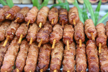 Closeup of grilled meat skewer on the street in Ho Chi Minh City