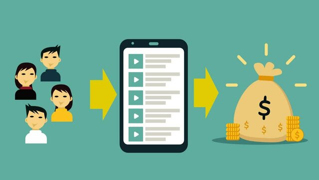Animated infographic trailer that visualizes monetized content with people as viewers, smartphones, and money.