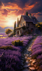 Large fields of purple lavender, Manor Castle and beautiful sunset