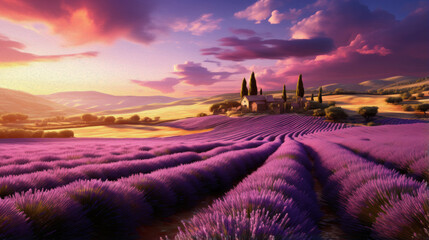 Fototapeta premium Large fields of purple lavender, Manor Castle and beautiful sunset