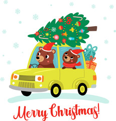 Christmas card with cute bears in the car - 687883370