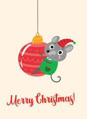 Christmas card with mouse and Christmas tree toy - 687883502