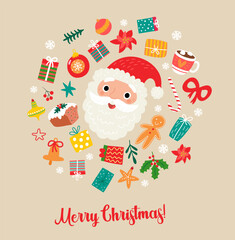 Card with cute Santa surrounded by toys and gifts - 687883943