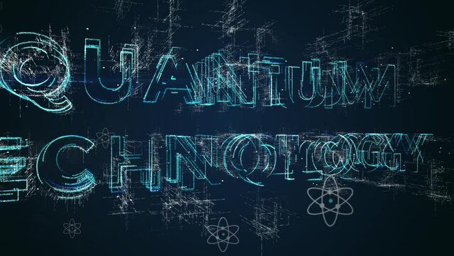 Quantum technology animation of quantum particle atoms in empty space with 3D render of written logo