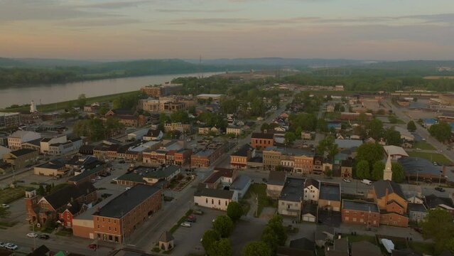 Beautiful aerial landscape of town of Lawrenceburg, Indiana early in the morning on a pretty day in summer.