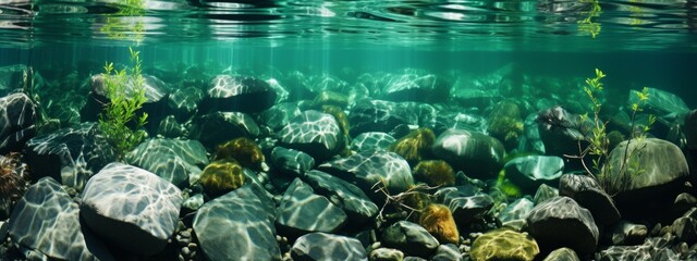underwater of river natural landscape with stone pebble and water tree leaf flow in water beautiful...