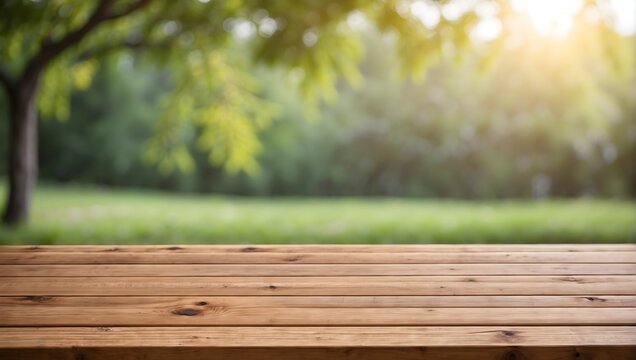 empty wooden table behind blurred natural background