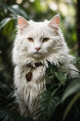 Naklejka na ściany i meble Close-up portrait of a beautiful white Maine Coon cat against a background of green leaves in the forest, tropics, jungle.