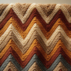 A frontal close-up of a knitted fabric with a chevron pattern, providing a textured and dynamic appearance.