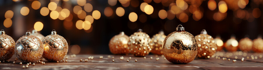 Christmas background with golden decorations, baubles and bokeh. Merry Xmas. Happy New Year. Generative Ai - obrazy, fototapety, plakaty