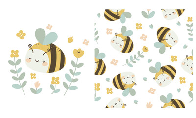 Obraz premium Vector set for printing on children's products. Print for printing. Cute bee with flowers, seamless vector pattern . Vector illustration