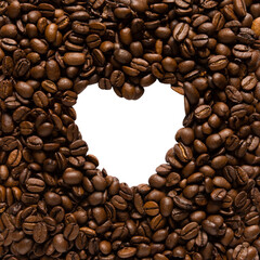 Coffee frame, heart. Roasted coffee beans, png, isolated on transparent background. Top view. Copy space. Love concept.