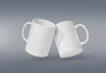 Two isolated mugs mockup on grey. Blank coffee cups template. 3D rendering