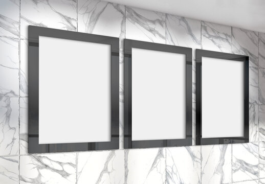 Three vertical frames Mockup hanging on wall. Mock up of billboards in modern marble office interior 3D rendering