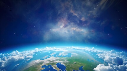 Earth in space. Earth view from space on a background of blue sky with clouds. - obrazy, fototapety, plakaty