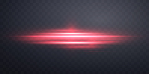 Red horizontal lensflare. Light flash with rays or spotlight and bokeh. Red glow flare light effect. Vector illustration. Isolated on dark transparent background. - obrazy, fototapety, plakaty