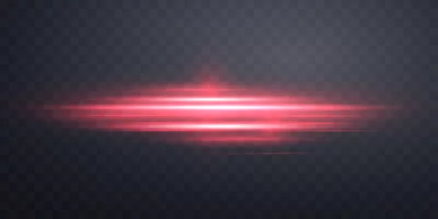 Poster Red horizontal lensflare. Light flash with rays or spotlight and bokeh. Red glow flare light effect. Vector illustration. Isolated on dark transparent background. © Elena