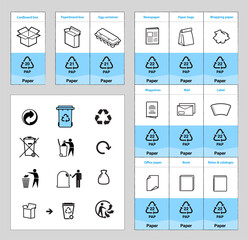 Ready sets of icons for separating paper waste. Vector elements are made with high contrast, well suited to different scales and on different media. Ready for use in your design. EPS10.
