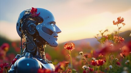 Futuristic humanlike robot smelling red flowers on a summer flower field, fantastic future concept.
