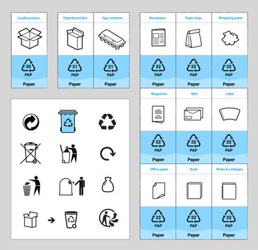 Ready sets of icons for separating paper waste. Vector elements are made with high contrast, well suited to different scales and on different media. Ready for use in your design. EPS10.