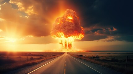A huge fireball explodes over the horizon of a distant road in a concept picture about man-made disaster. - obrazy, fototapety, plakaty