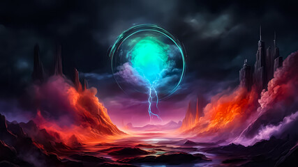A cosmic landscape with a neon circle and smoke. Multicolored paints. Dark background. Fantasy. AI	
