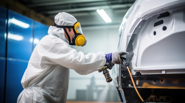 Car painting technician using a pneumatic air dryer to dry a paint on a car section in a painting chamber.

