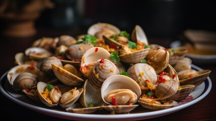 Close-up of a Chinese exotic dish - Steam fresh cockles over minced garlic and chillies.