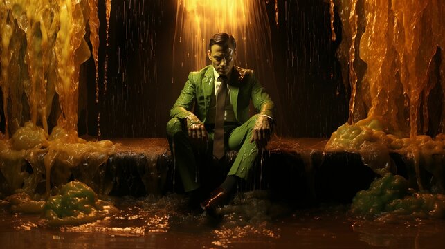 AI generated illustration of a sinful man in a green suit in the rain