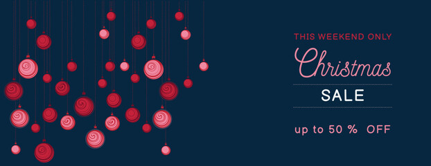 Christmas sale background. Vector Christmas balls on a black blue background. Horizontal border with copy space. Suitable for email header, social media post, advertising, events and page cover
