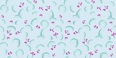 Abstract pattern with stylized branches leaves and berries on a pastel mint  back. Vector hand drawn. Template for textile, surface design, fabric, fashion, wallpaper