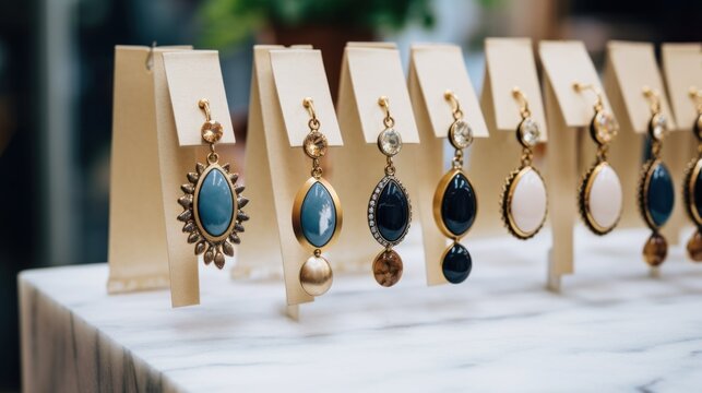 High angle view of earrings on marble slate in store.

