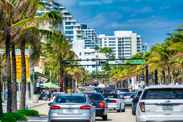 Fort Lauderdale, FL - February 29, 2016: Traffic along main city road along the beach