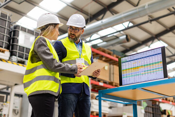 Female engineer and male project manager standing in modern industrial factory, talking about production. Team management in manufacturing facility - obrazy, fototapety, plakaty