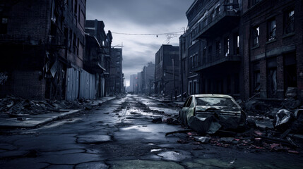 Abandoned street in the city on a rainy evening - obrazy, fototapety, plakaty