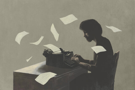 Illustration of vintage business man typing documents on a typewriter, surreal concept