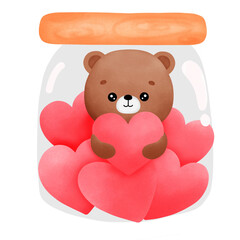 A brown bear is holding a red heart in a jar with many hearts.