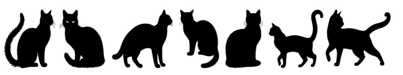 Set of cats silhouettes isolated on white background, vector illustration