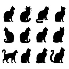 Set of cats silhouettes isolated on white background, vector illustration