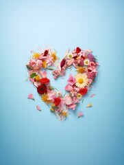 Obraz premium Colorful flowers flat lay arranged in a shape of the heart. Love, romance background. Ai generated image