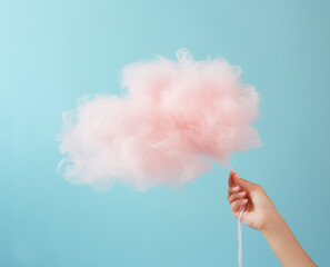 Female hand holding a pink cotton cloud against light blue background. Dreams, hopes copy space background.