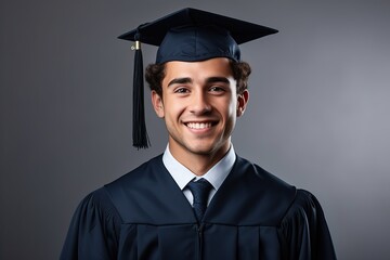 Smiley student wearing the graduation robe and the cap standing