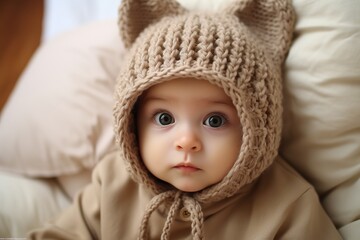  newborn baby with a beige knitted hat.