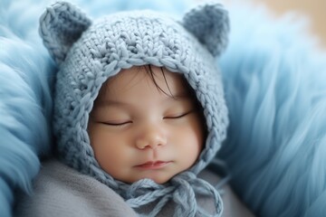  newborn baby with a blue knitted hat.