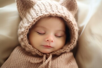 Fototapeta na wymiar newborn baby with a beige knitted hat.