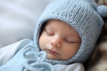 Fototapeta na wymiar newborn baby with a blue knitted hat.